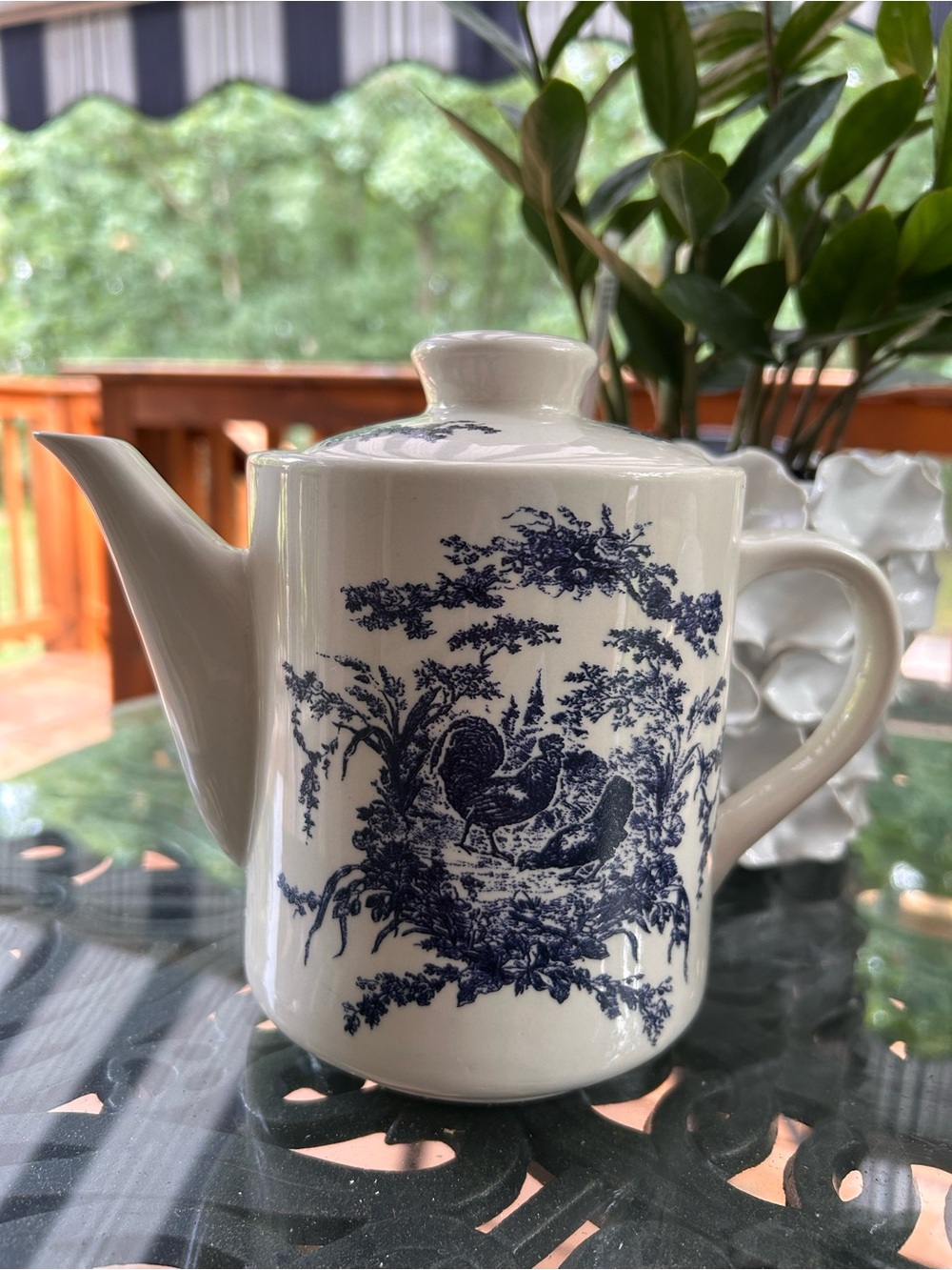 California Pantry Blue and White Ceramic Toile Pattern Teapot with Rooster Scene